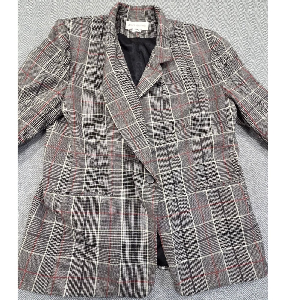 Jones New York Womens 18W Wool Glen Plaid Blazer Jacket Black White Red USA Made